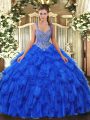 Stylish Straps Sleeveless Lace Up Vestidos de Quinceanera Royal Blue Organza