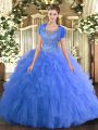 Baby Blue Sleeveless Tulle Clasp Handle 15th Birthday Dress for Military Ball and Sweet 16 and Quinceanera