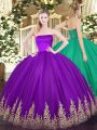 Purple Ball Gowns Strapless Sleeveless Tulle Floor Length Zipper Appliques Quinceanera Dresses