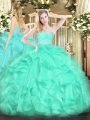 Superior Floor Length Zipper Ball Gown Prom Dress Turquoise for Military Ball and Sweet 16 and Quinceanera with Beading and Lace and Ruffles