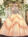 Luxury Sleeveless Tulle Floor Length Lace Up 15 Quinceanera Dress in Peach with Beading and Appliques