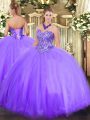 Eye-catching Lavender Ball Gowns Tulle Sweetheart Sleeveless Appliques Floor Length Lace Up Quinceanera Gowns