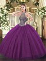 Cheap Eggplant Purple Sleeveless Tulle Lace Up Quinceanera Gowns for Party and Military Ball and Sweet 16 and Quinceanera
