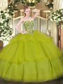 Olive Green Sleeveless Floor Length Beading and Ruffled Layers Lace Up Quince Ball Gowns