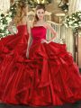 Red Lace Up Strapless Ruffles Quinceanera Gown Organza Sleeveless