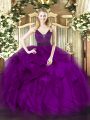 Affordable Purple Organza Zipper Straps Sleeveless Floor Length 15th Birthday Dress Beading and Ruffles