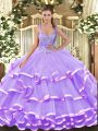 High Class Organza Sleeveless Floor Length 15 Quinceanera Dress and Beading and Ruffled Layers