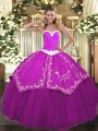 Fuchsia Organza and Taffeta Lace Up Sweetheart Sleeveless Floor Length Quinceanera Gown Appliques and Embroidery