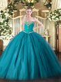 Pretty Teal Ball Gowns Sweetheart Sleeveless Tulle Floor Length Lace Up Beading Sweet 16 Dresses