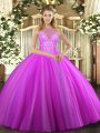 Stunning Fuchsia High-neck Lace Up Beading Sweet 16 Dress Sleeveless