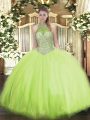 Admirable Yellow Green Halter Top Neckline Beading Ball Gown Prom Dress Sleeveless Lace Up
