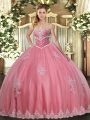 Most Popular Watermelon Red Ball Gowns Beading and Appliques 15 Quinceanera Dress Lace Up Tulle Sleeveless Floor Length