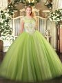 Yellow Green Ball Gowns Tulle Scoop Sleeveless Beading Floor Length Zipper Quinceanera Gown