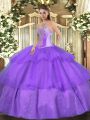 Lavender Tulle Lace Up 15th Birthday Dress Sleeveless Floor Length Beading and Ruffled Layers