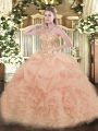 Smart Peach Ball Gowns Organza Sweetheart Sleeveless Appliques and Ruffles and Pick Ups Floor Length Lace Up Sweet 16 Dress