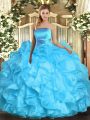 Aqua Blue Strapless Neckline Ruffles 15 Quinceanera Dress Sleeveless Lace Up