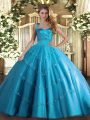 Baby Blue Halter Top Neckline Appliques Quinceanera Dress Sleeveless Lace Up