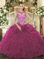 Fuchsia Cap Sleeves Beading and Appliques and Ruffles Floor Length Quince Ball Gowns