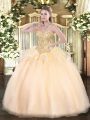 Designer Champagne Ball Gowns Sweetheart Sleeveless Organza Floor Length Lace Up Appliques Quinceanera Dress