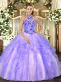 Custom Designed Lavender Lace Up Halter Top Embroidery and Ruffles Quinceanera Gown Organza Sleeveless