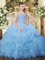 Aqua Blue Sweetheart Neckline Beading and Ruffles and Pick Ups Quinceanera Dresses Sleeveless Lace Up