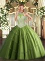 Olive Green Halter Top Neckline Beading and Appliques Quinceanera Gowns Sleeveless Lace Up