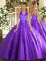 Purple Tulle Lace Up Halter Top Sleeveless Floor Length Sweet 16 Quinceanera Dress Appliques
