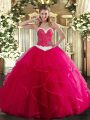 Adorable Hot Pink Tulle Lace Up Sweetheart Sleeveless Floor Length Quince Ball Gowns Appliques and Ruffles