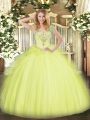 High End Yellow Green Ball Gowns Tulle V-neck Sleeveless Beading and Ruffles Floor Length Lace Up Quinceanera Gowns