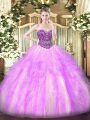 Gorgeous Sleeveless Floor Length Beading and Ruffles Lace Up Quinceanera Dresses with Lilac