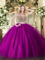 Edgy Floor Length Fuchsia Quinceanera Gowns Scoop Sleeveless Lace Up