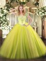 Yellow Green Ball Gowns Tulle V-neck Sleeveless Beading and Ruffles Floor Length Lace Up Quince Ball Gowns