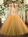 Simple V-neck Sleeveless Ball Gown Prom Dress Floor Length Beading Gold Tulle