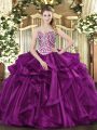 Clearance Fuchsia Ball Gowns Organza Sweetheart Sleeveless Beading and Ruffles Floor Length Lace Up 15 Quinceanera Dress