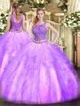 Chic Lavender Sleeveless Beading and Ruffles Floor Length Quince Ball Gowns