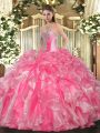 Fashionable Rose Pink Sweetheart Neckline Beading and Ruffles Quinceanera Dress Sleeveless Lace Up