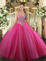 Ball Gowns Sweet 16 Dresses Hot Pink V-neck Tulle Sleeveless Floor Length Lace Up