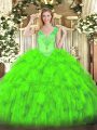 Simple Ball Gowns V-neck Sleeveless Organza Floor Length Lace Up Beading and Ruffles Sweet 16 Quinceanera Dress