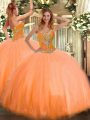 Hot Sale Orange Sleeveless Beading Floor Length Quince Ball Gowns