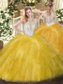 Elegant Scoop Sleeveless Quinceanera Gown Floor Length Beading and Ruffles Gold Tulle