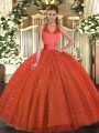 Romantic Rust Red Tulle Lace Up Sweet 16 Quinceanera Dress Sleeveless Floor Length Sequins