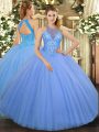 Elegant Light Blue Ball Gowns High-neck Sleeveless Tulle Floor Length Lace Up Beading 15th Birthday Dress
