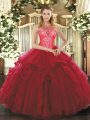 Nice Wine Red High-neck Lace Up Ruffles Quince Ball Gowns Sleeveless