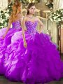 Fine Floor Length Purple 15 Quinceanera Dress Organza Sleeveless Embroidery and Ruffles