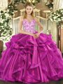 High End Sleeveless Organza Floor Length Lace Up Ball Gown Prom Dress in Fuchsia with Beading and Appliques and Ruffles