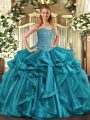 Gorgeous Beading and Ruffles Quinceanera Dresses Teal Lace Up Sleeveless Floor Length