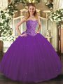 Fitting Sleeveless Tulle Floor Length Lace Up Sweet 16 Dresses in Purple with Beading