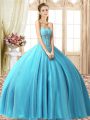 Pretty Floor Length Aqua Blue Quinceanera Gown Tulle Sleeveless Beading
