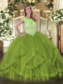 Decent Olive Green Ball Gowns Beading and Ruffles Quinceanera Gown Lace Up Tulle Sleeveless Floor Length