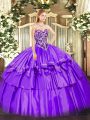 Purple Ball Gown Prom Dress Military Ball and Sweet 16 and Quinceanera with Beading and Ruffled Layers Sweetheart Sleeveless Lace Up